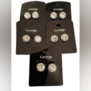 Lot of 5 NWT George Silver Tone Clear Rhinestone Halo Stud Earrings